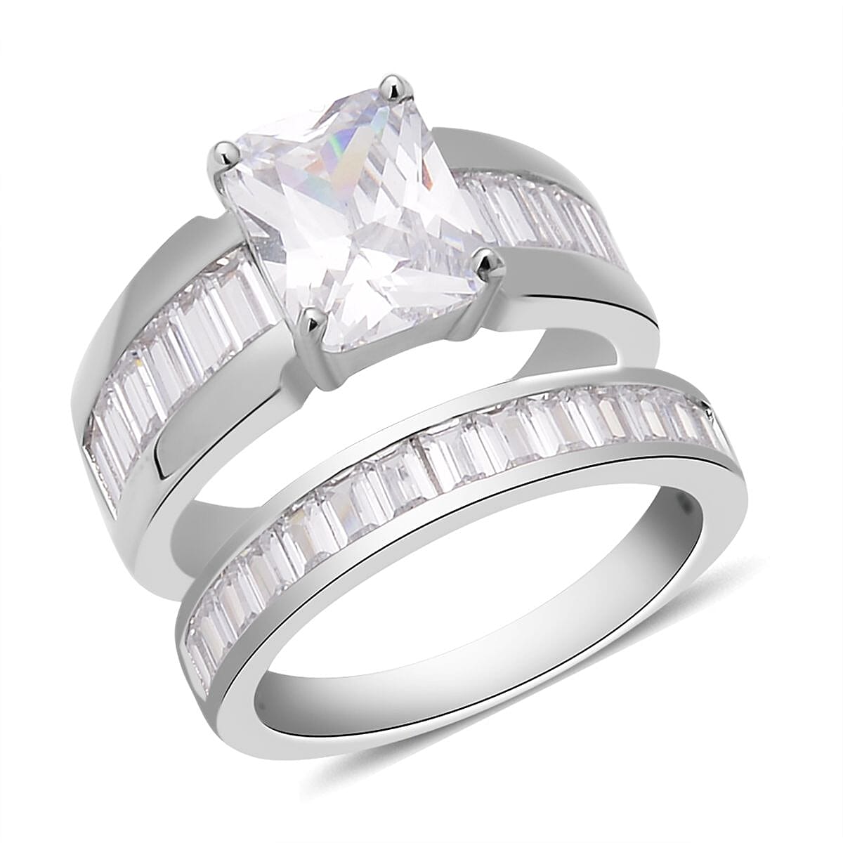 Set of 2 Simulated Diamond Emerald Cut and Half Eternity Stackable Ring in Silvertone 8.10 ctw