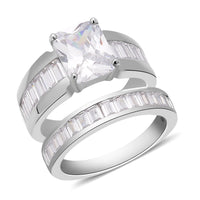 Set of 2 Simulated Diamond Emerald Cut and Half Eternity Stackable Ring in Silvertone 8.10 ctw