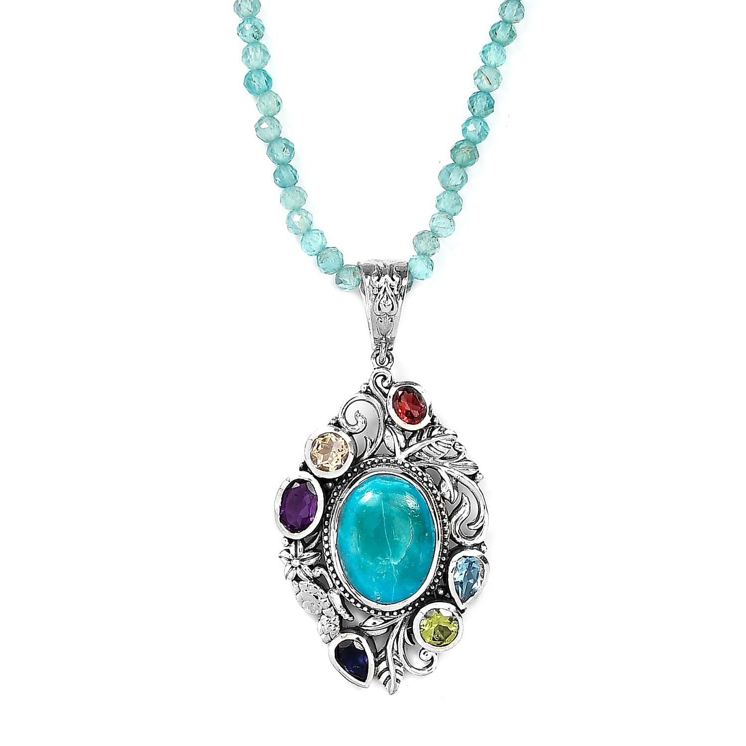 Artisan Crafted Peruvian Opalina and Multi Gemstone Pendant with Beaded Necklace 20 Inches in Sterling Silver 80.10 ctw