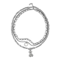 Three Layer Necklace with Heart and Teddy Bear Charm (20.5-22.5 Inches) in Silvertone
