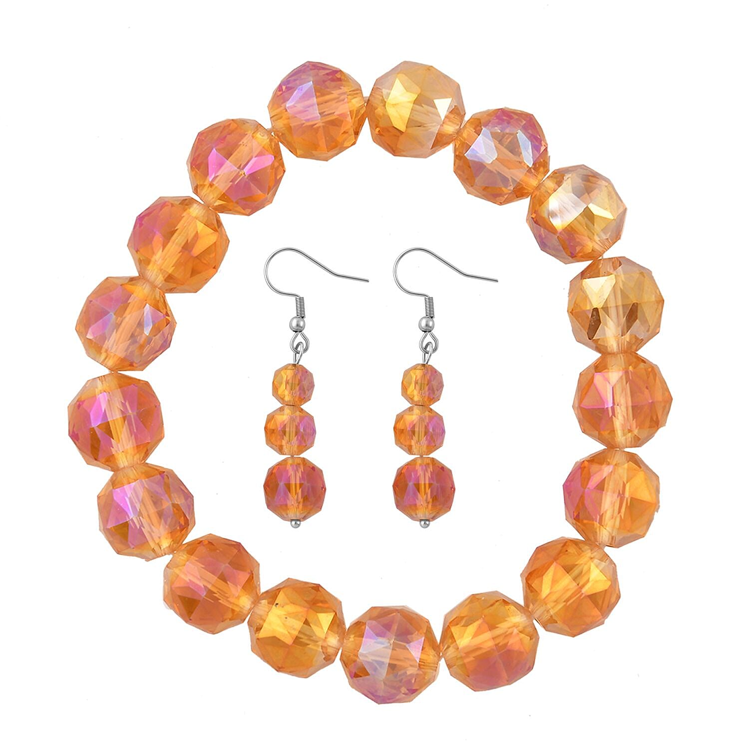 Orange Color Glass Beaded Stretch Bracelet and Dangle Earrings in Stainless Steel