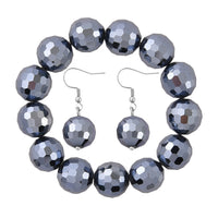 Hematite Color Glass Beaded Stretch Bracelet and Dangle Earrings in Stainless Steel