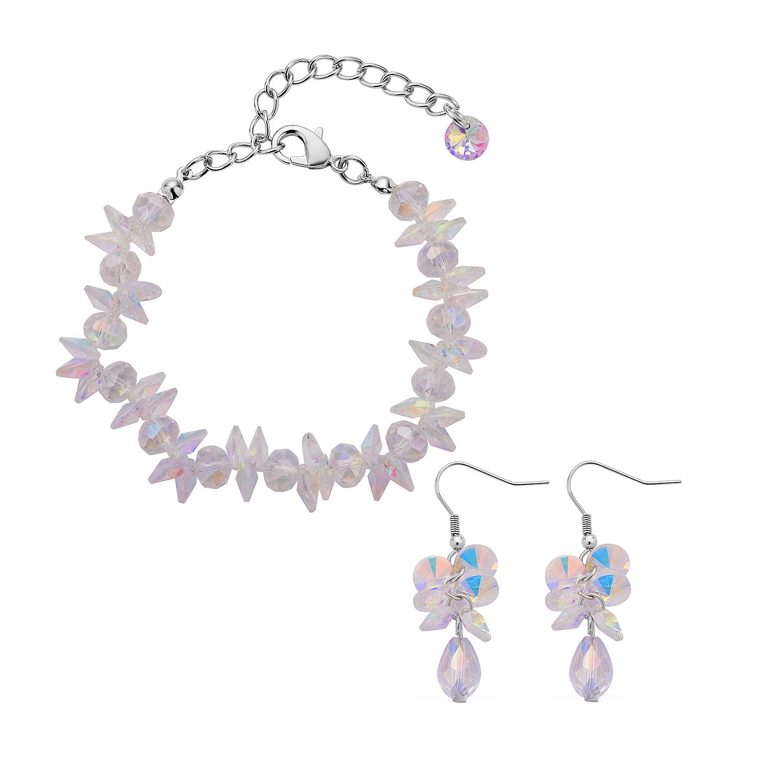 White Aurora Borealis Glass Beaded Bracelet (7.50-9.50In) and Drop Earrings in Silvertone & Stainless Steel 90.00 ctw