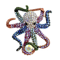 Multi Color Austrian Crystal, Enameled Octopus Brooch or Pendant Necklace 24 Inches in Goldtone