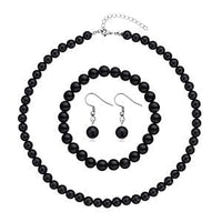 Black Obsidian 104.00 ctw Set Earrings, Bracelet (7.50 In) and Necklace (18-20 Inches) in Stainless Steel