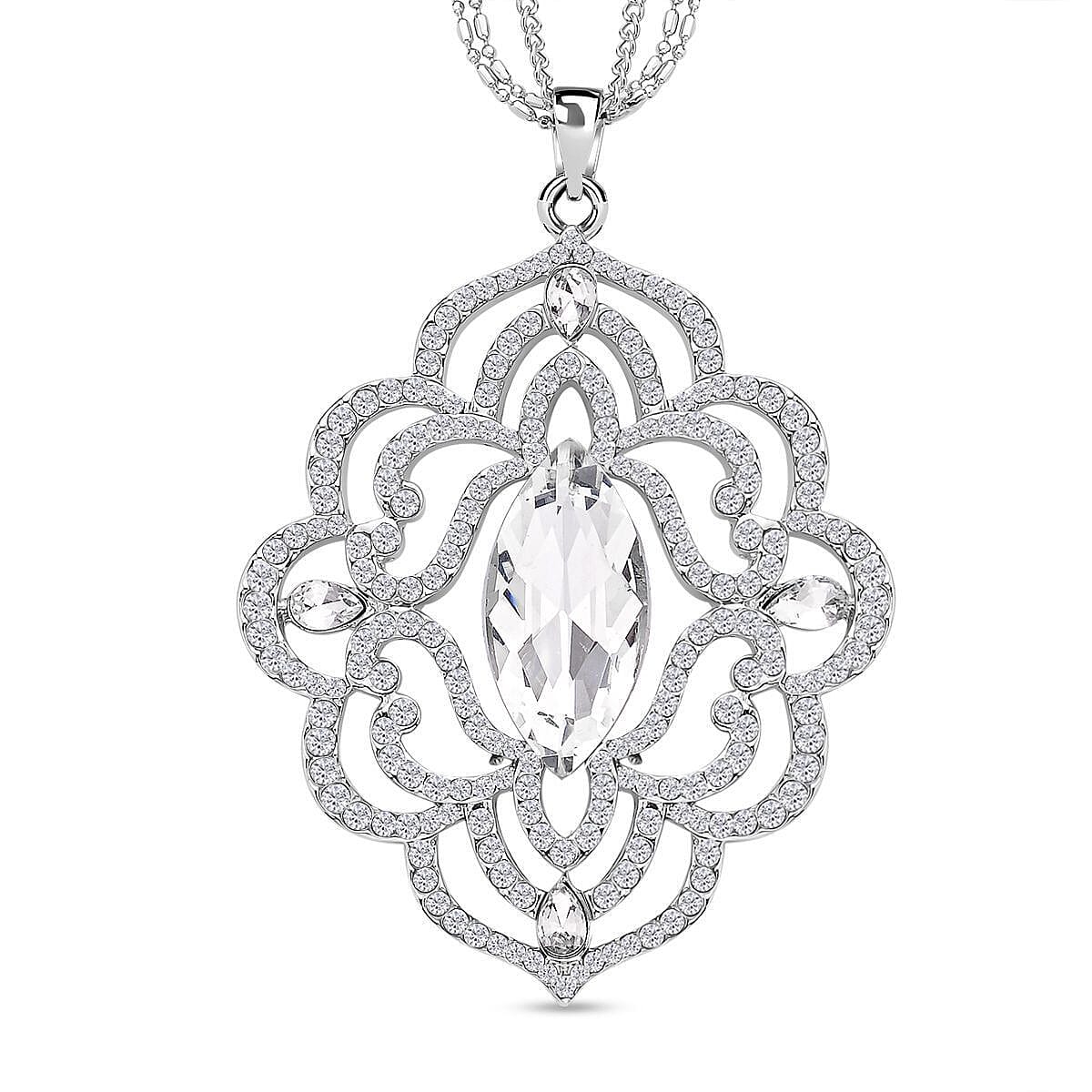 White Glass and Austrian Crystal Pendant Necklace 28-30 Inches in Silvertone