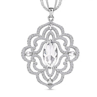White Glass and Austrian Crystal Pendant Necklace 28-30 Inches in Silvertone