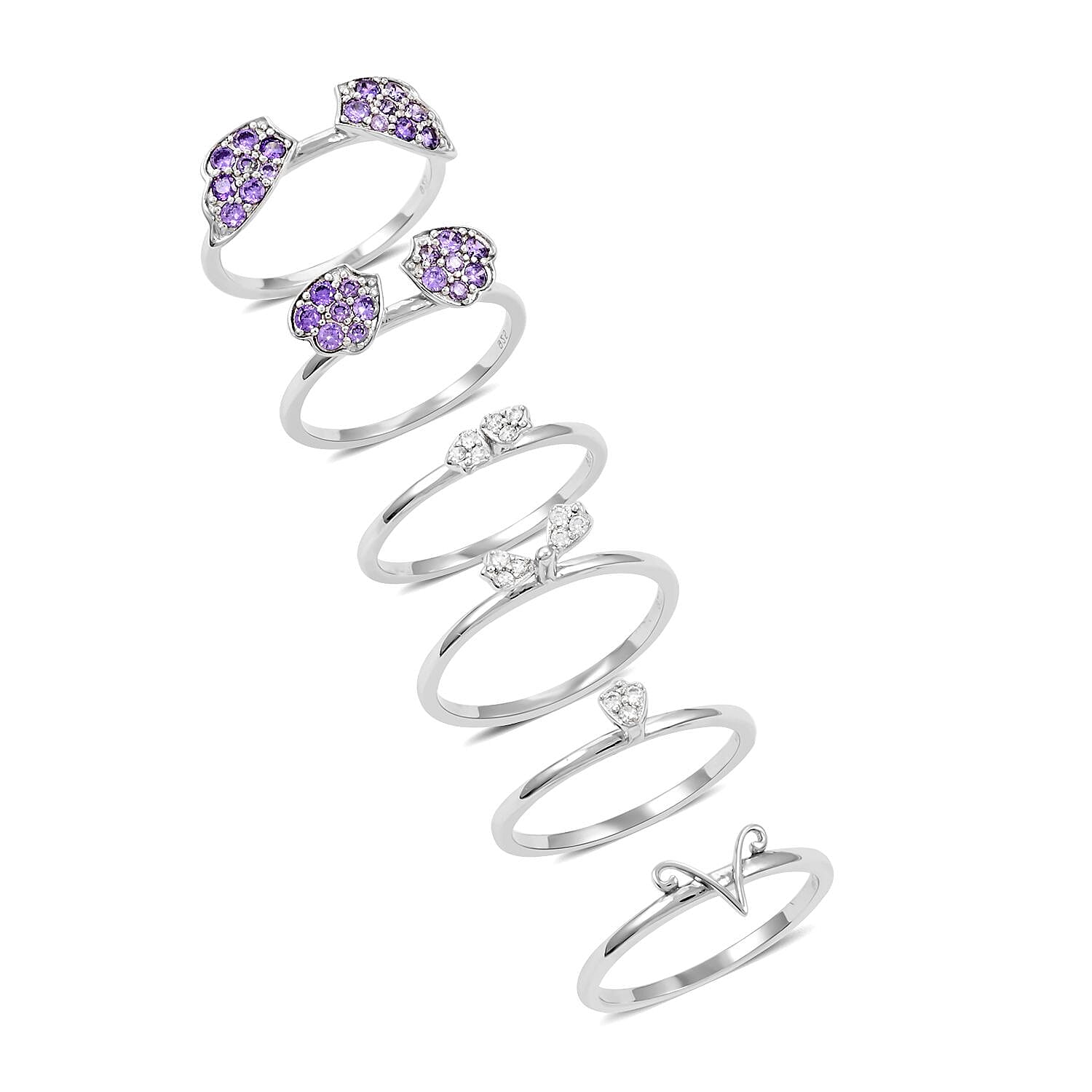 Set of 6 Simulated White and Purple Diamond Butterfly Ring in Rhodium Over Sterling Silver (Size 8) (9.5 g) 1.75 ctw