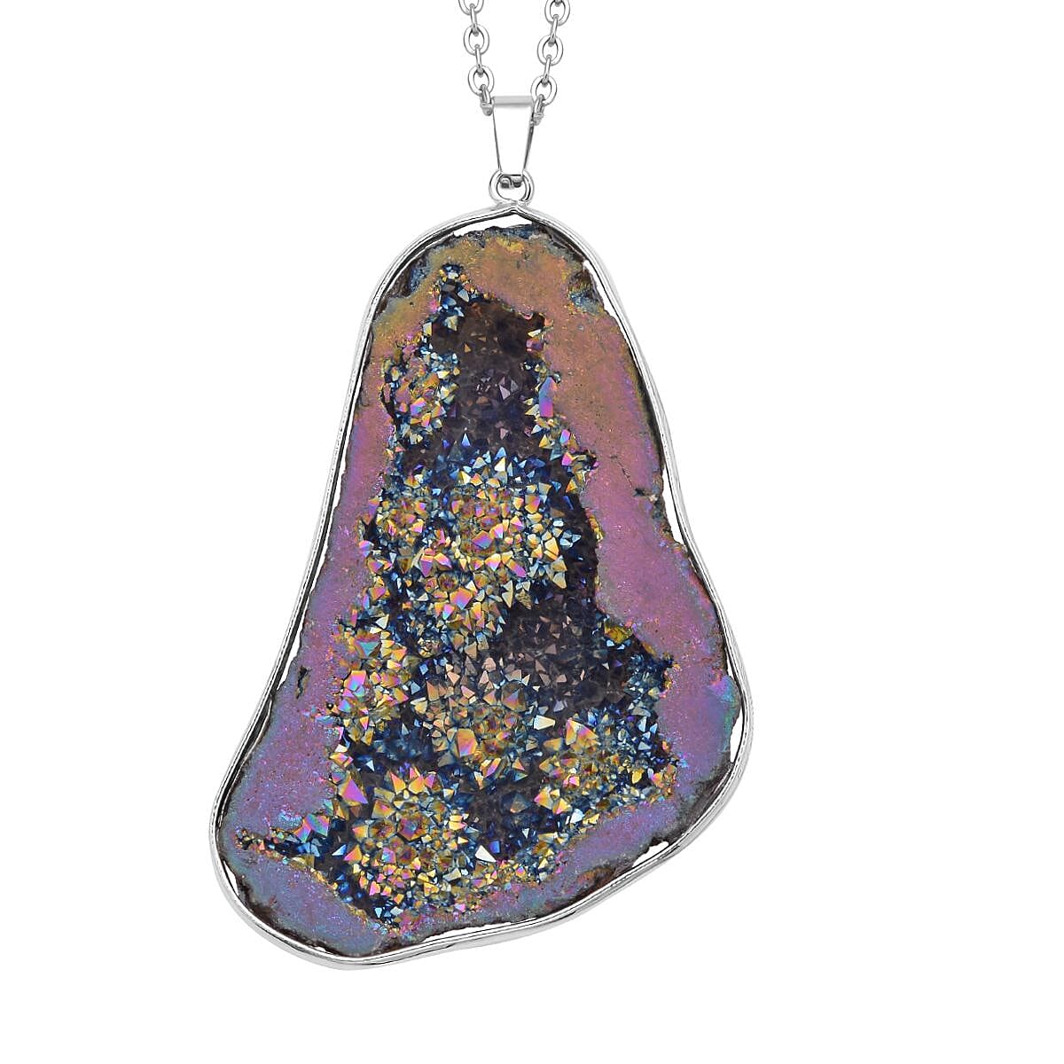 Magic Color Drusy Quartz Pendant Necklace 24 Inches in Silvertone & Stainless Steel