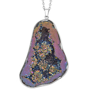 Magic Color Drusy Quartz Pendant Necklace 24 Inches in Silvertone & Stainless Steel