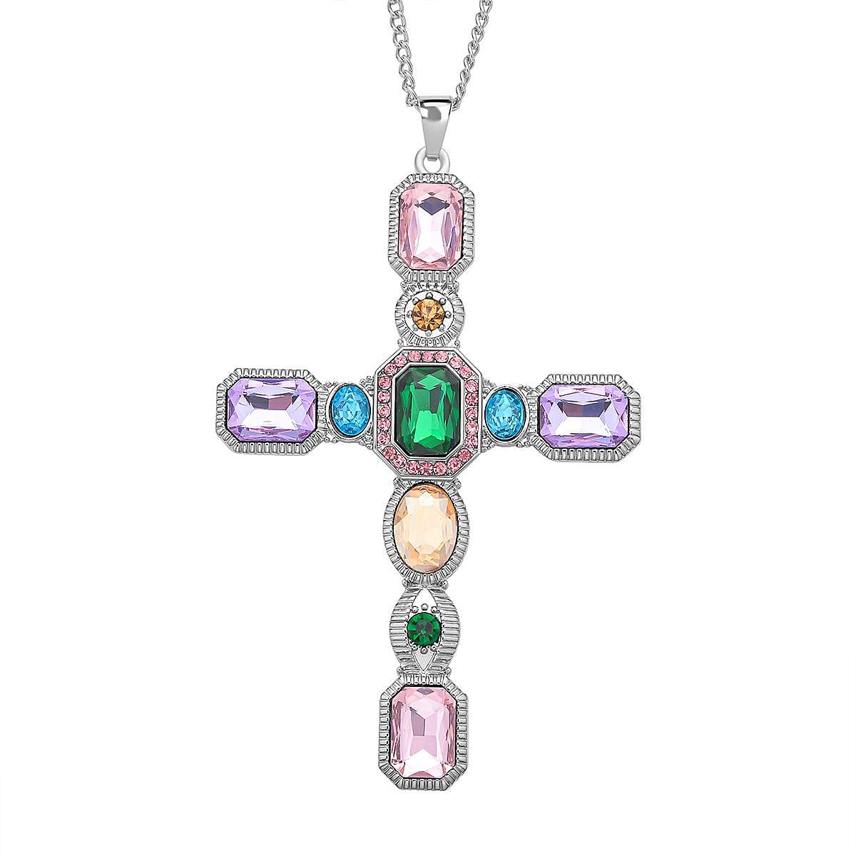 Multi Color Austrian Crystal and Magic Color Glass Cross Pendant Necklace 29-31 Inches in Silvertone