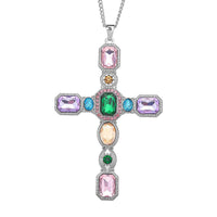 Multi Color Austrian Crystal and Magic Color Glass Cross Pendant Necklace 29-31 Inches in Silvertone