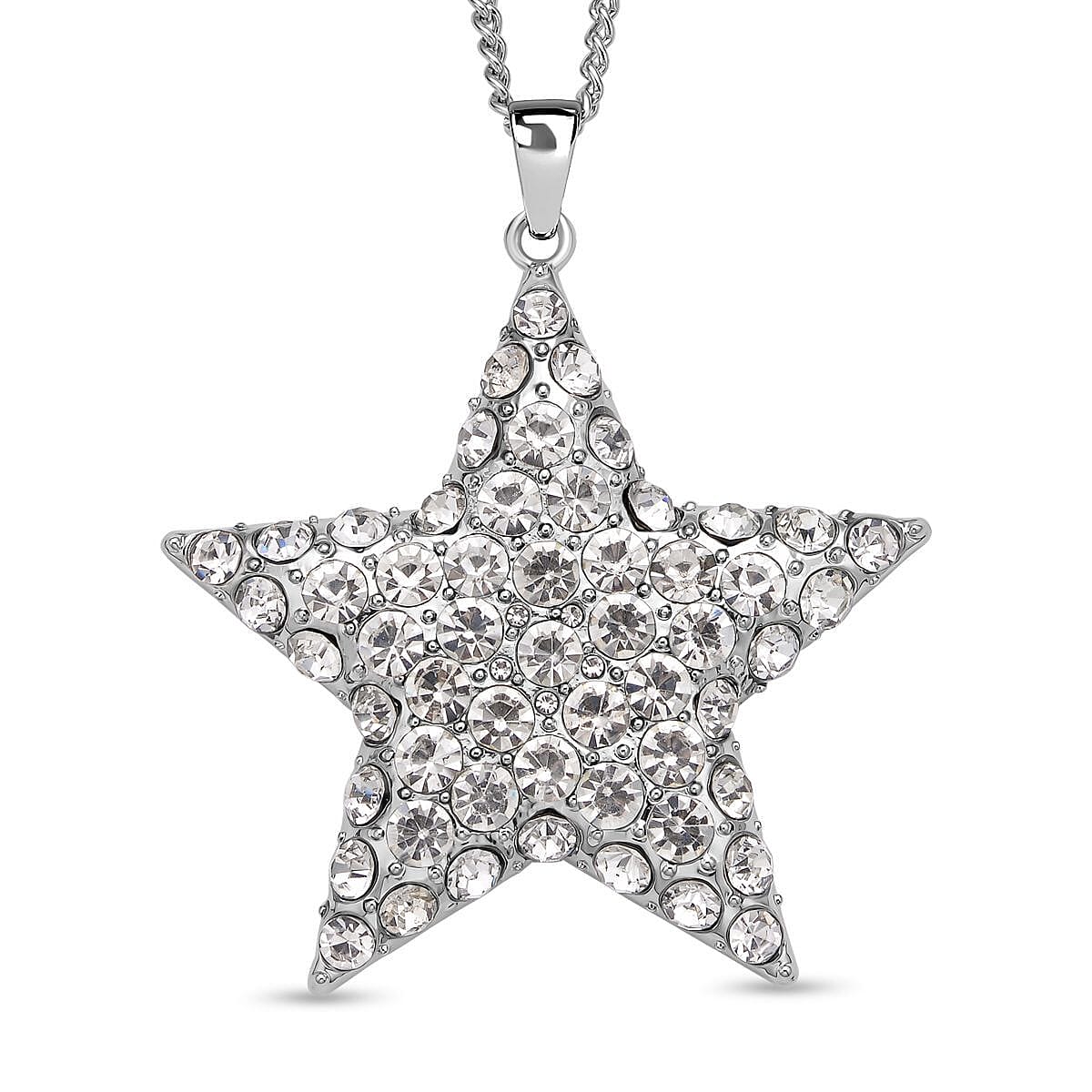 White Austrian Crystal Star Pendant Necklace 29-31 Inches in Silvertone