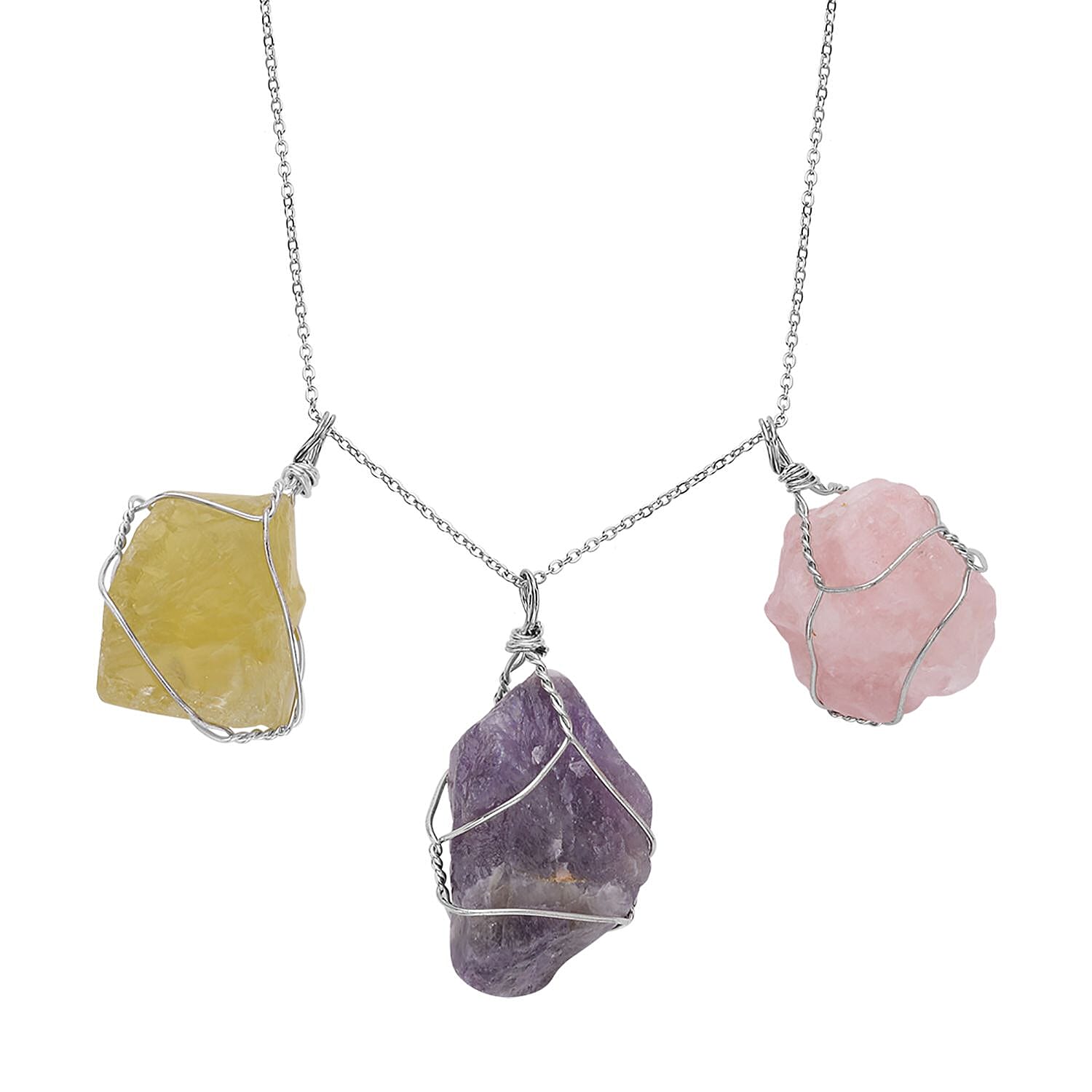 Doorbuster Rough Cut Galilea Rose Quartz, Amethyst and Brazilian Citrine Pendant Necklace 20 Inches in Silvertone and Stainless Steel 250.00 ctw