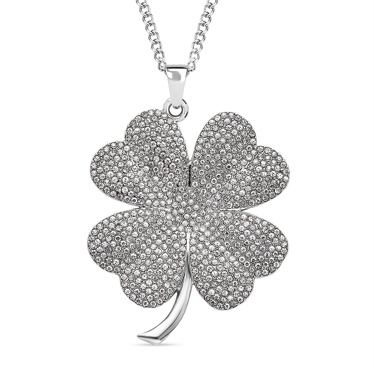 Austrian Crystal Leaf Clover Pendant Necklace 29-31 Inches in Silvertone