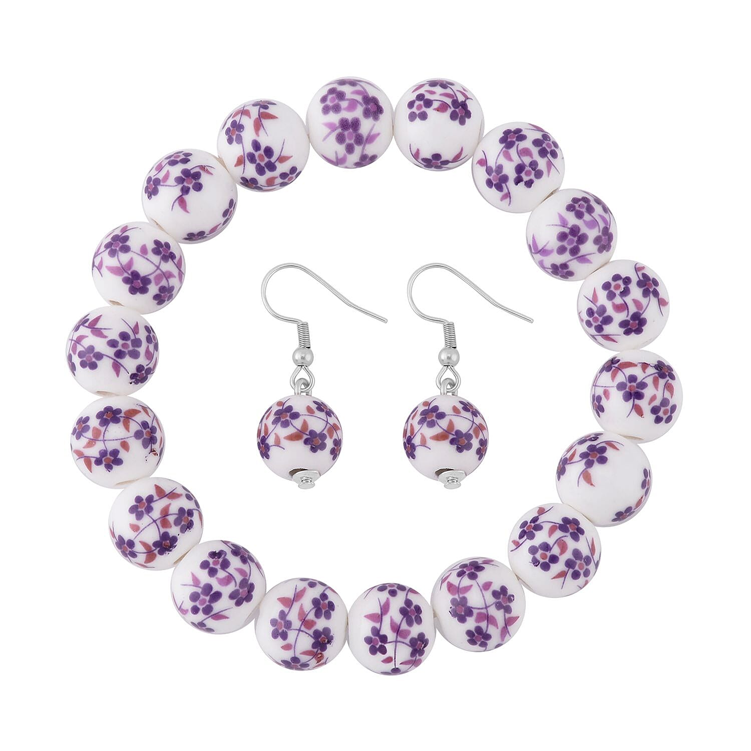 Yellow Flower Ceramic Beaded Stretch Bracelet and Earrings in Stainless Steel 246.00 ctw
