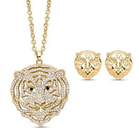White and Black Austrian Crystal Earrings and Tiger Pendant Necklace (28-30 Inches) in Goldtone