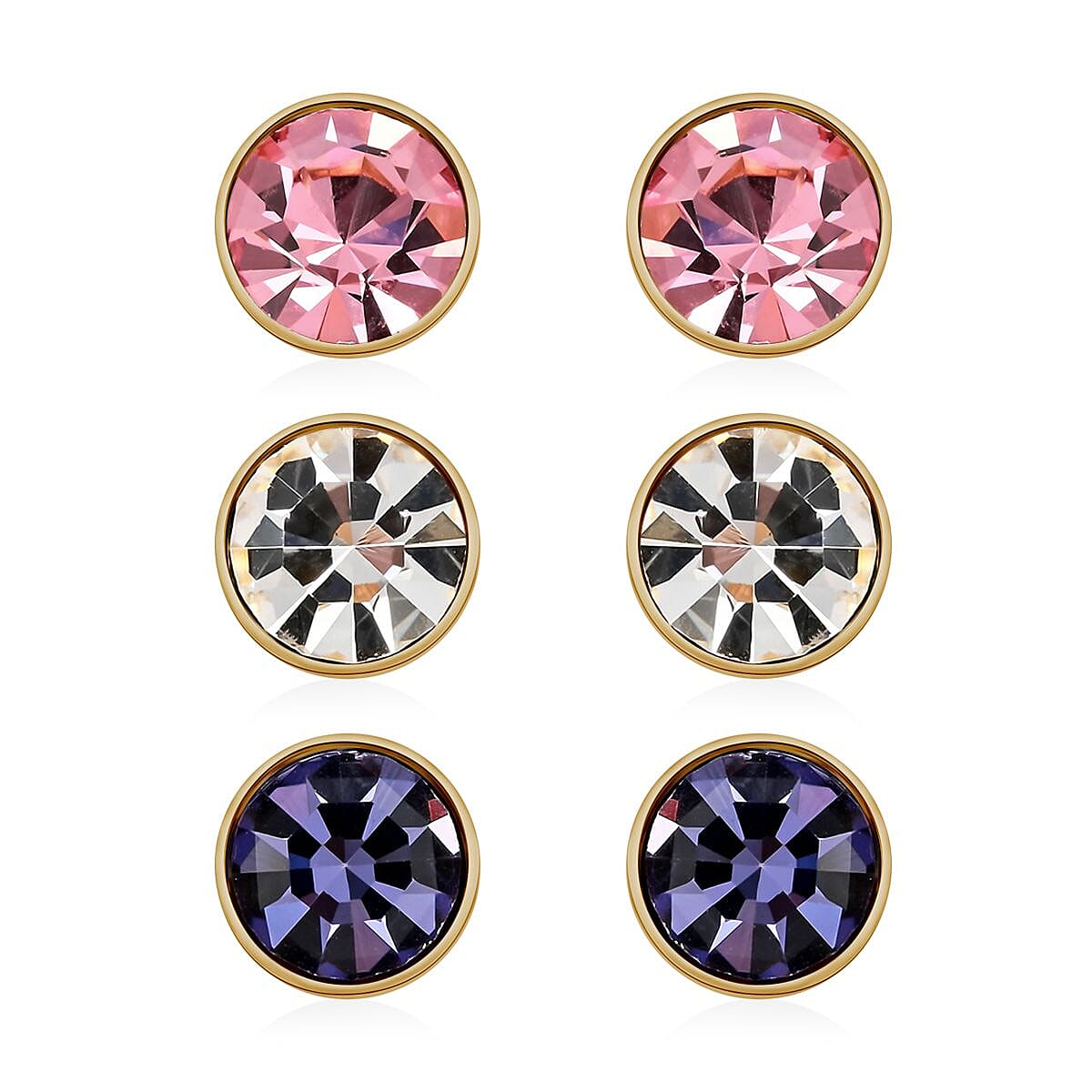 White, Purple and Pink Austrian Crystal Set of 3 Stud Earrings in ION Plated YG Stainless Steel
