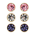 White, Purple and Pink Austrian Crystal Set of 3 Stud Earrings in ION Plated YG Stainless Steel - Sticky add to cart bar