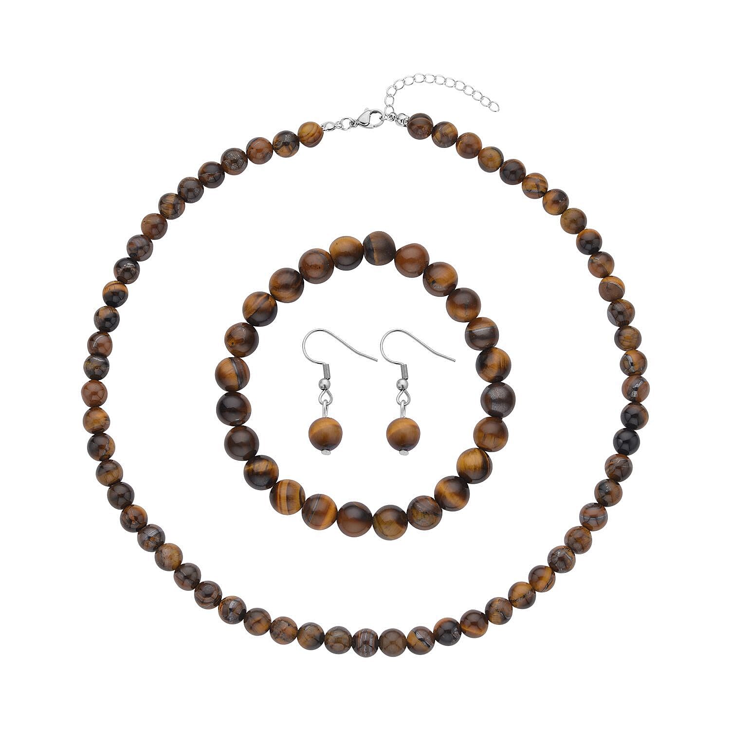 Yellow Tiger's Eye Beaded Stretch Bracelet, Stud Earrings and Necklace 18-20 Inches in Stainless Steel 319.50 ctw