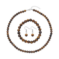 Yellow Tiger's Eye Beaded Stretch Bracelet, Stud Earrings and Necklace 18-20 Inches in Stainless Steel 319.50 ctw