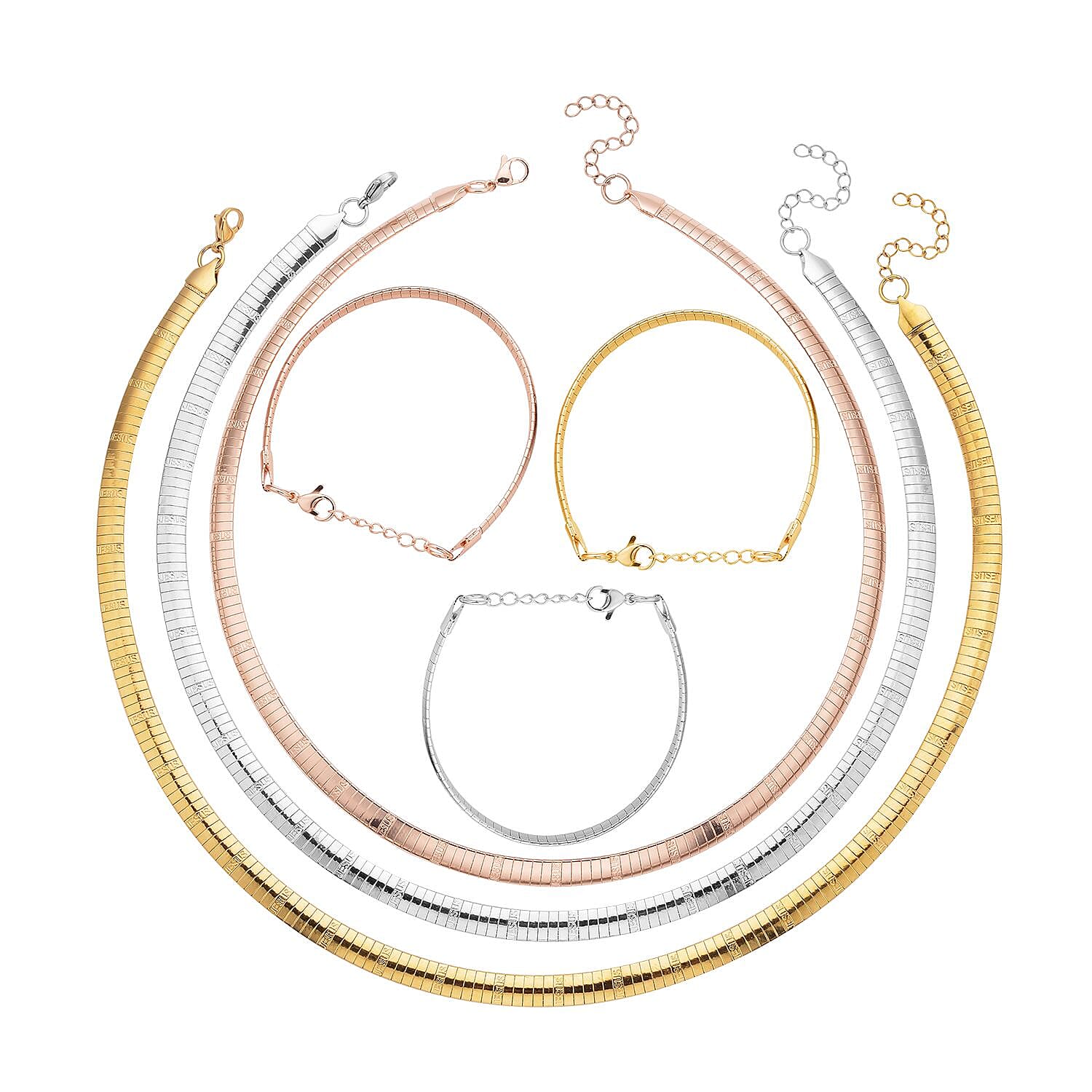 Doorbuster Set of 6pcs Omega Chain Choker Necklace (20-21Inches) and Bracelet (7.50-8.50In) in ION Plated YRG and Stainless Steel