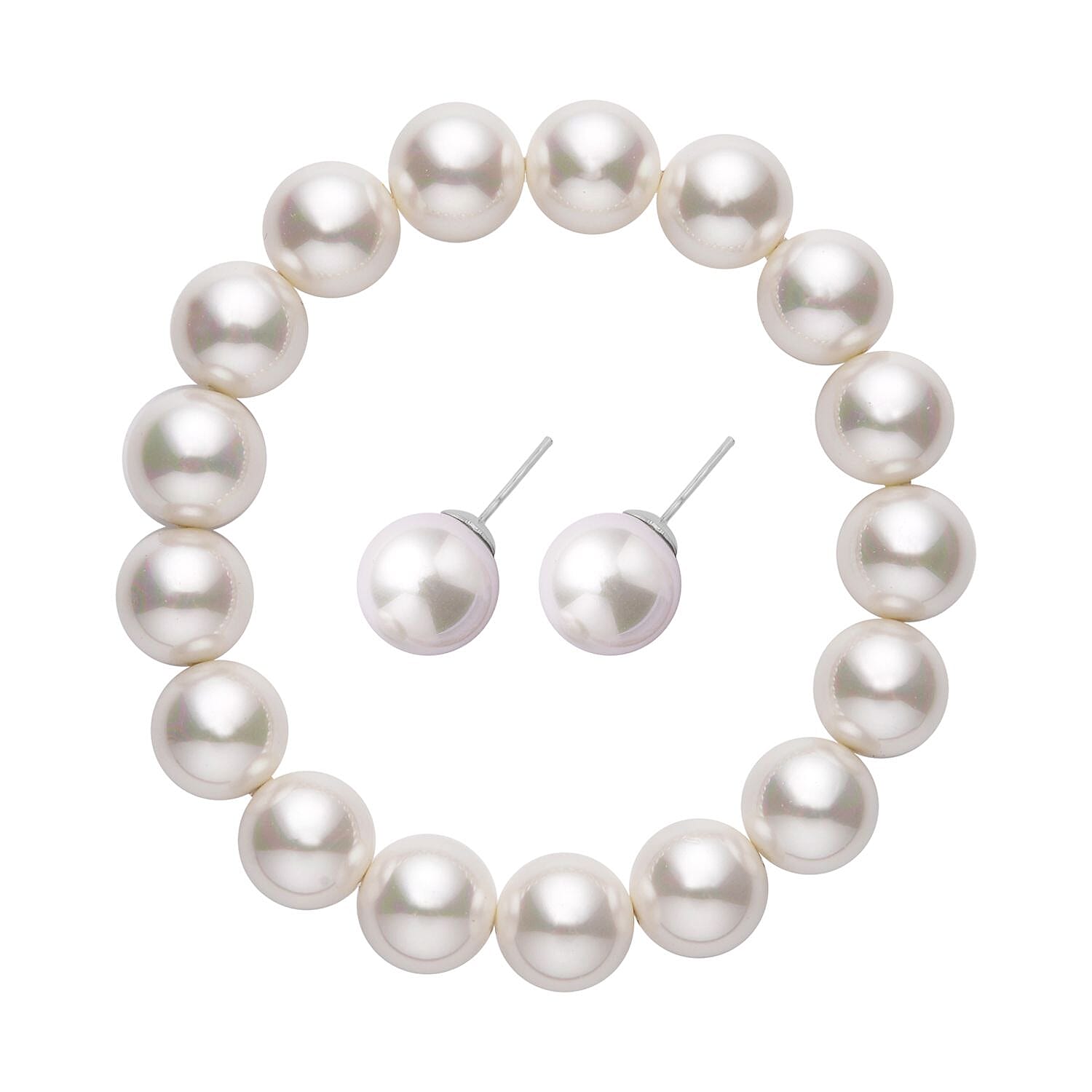 Doorbuster White Shell Pearl Stretch Bracelet and Stud Earrings in Stainless Steel