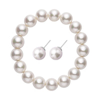 Doorbuster White Shell Pearl Stretch Bracelet and Stud Earrings in Stainless Steel