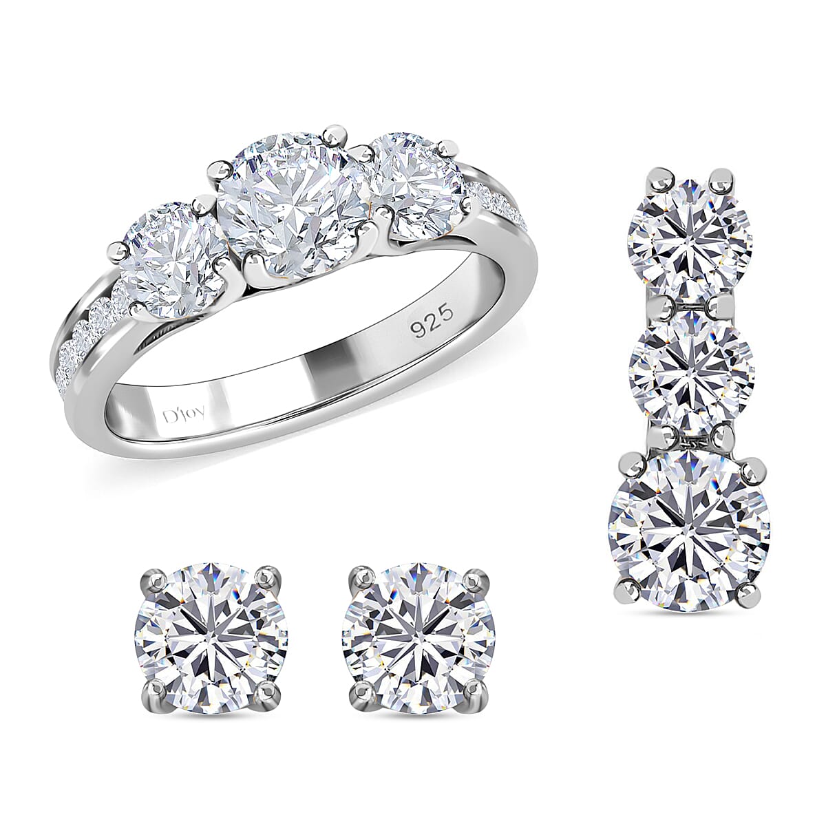 Doorbuster Moissanite Trilogy Ring Stud Earrings and Pendant in Rhodium Over Sterling Silver 6.20 ctw