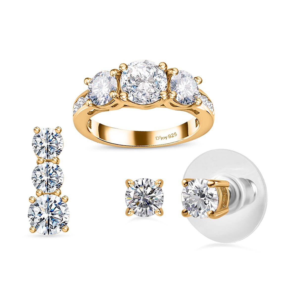 Doorbuster Moissanite Trilogy Ring Stud Earrings and Pendant in Rhodium Over Sterling Silver 6.20 ctw