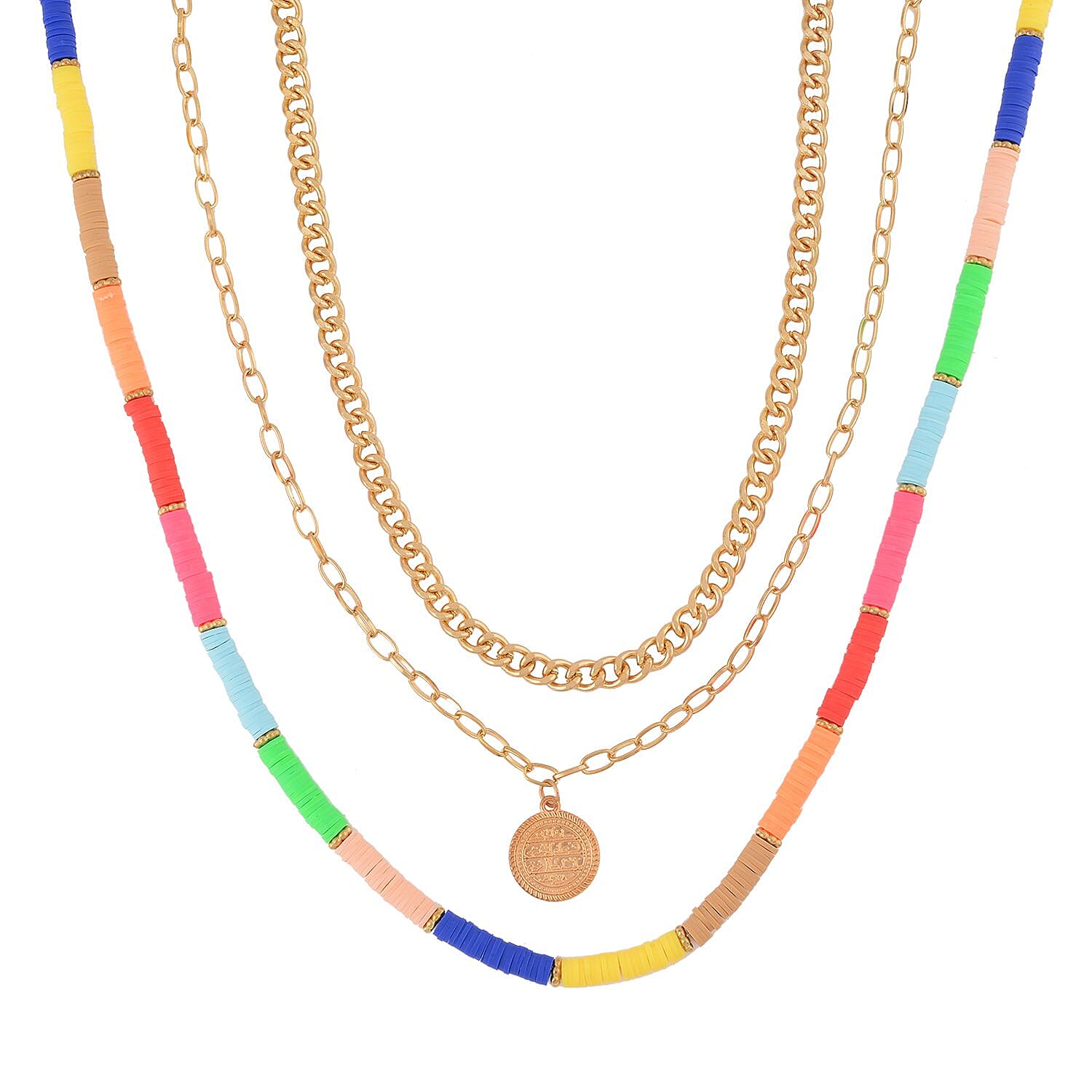 Set of 3 Simulated Multi Color Resin Beaded Necklace 20, 22, 25Inches in Goldtone