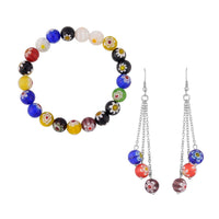 Multi Color Murano Style Beaded Stretch Bracelet and Earrings in Stainless Steel