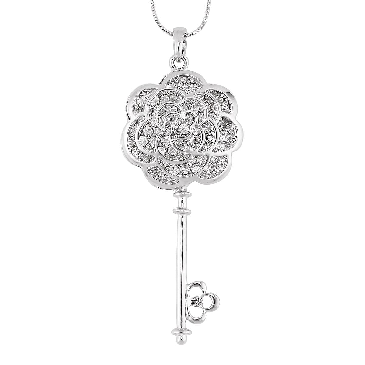 Austrian Crystal Flower & Key Shaped Pendant Necklace 20-30 Inches in Silvertone