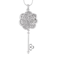 Austrian Crystal Flower & Key Shaped Pendant Necklace 20-30 Inches in Silvertone