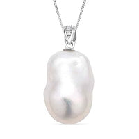 White Edison Pearl, White Zircon Pendant Necklace (18 Inches) in Rhodium Over Sterling Silver 0.06 ctw
