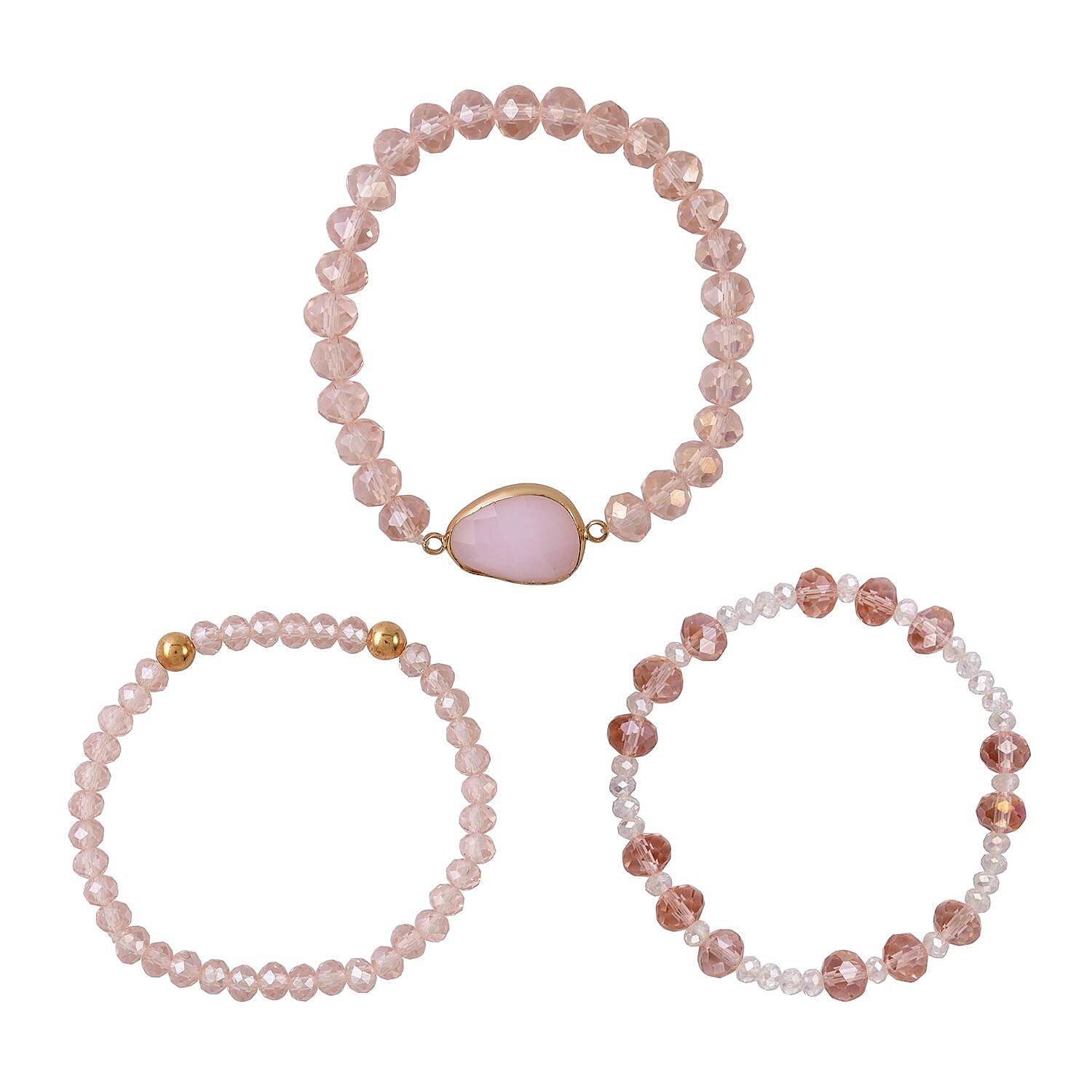 Pink Agate, Pink Glass Beaded & Resin Set of 3 Stretch Bracelet in Goldtone 5.00 ctw