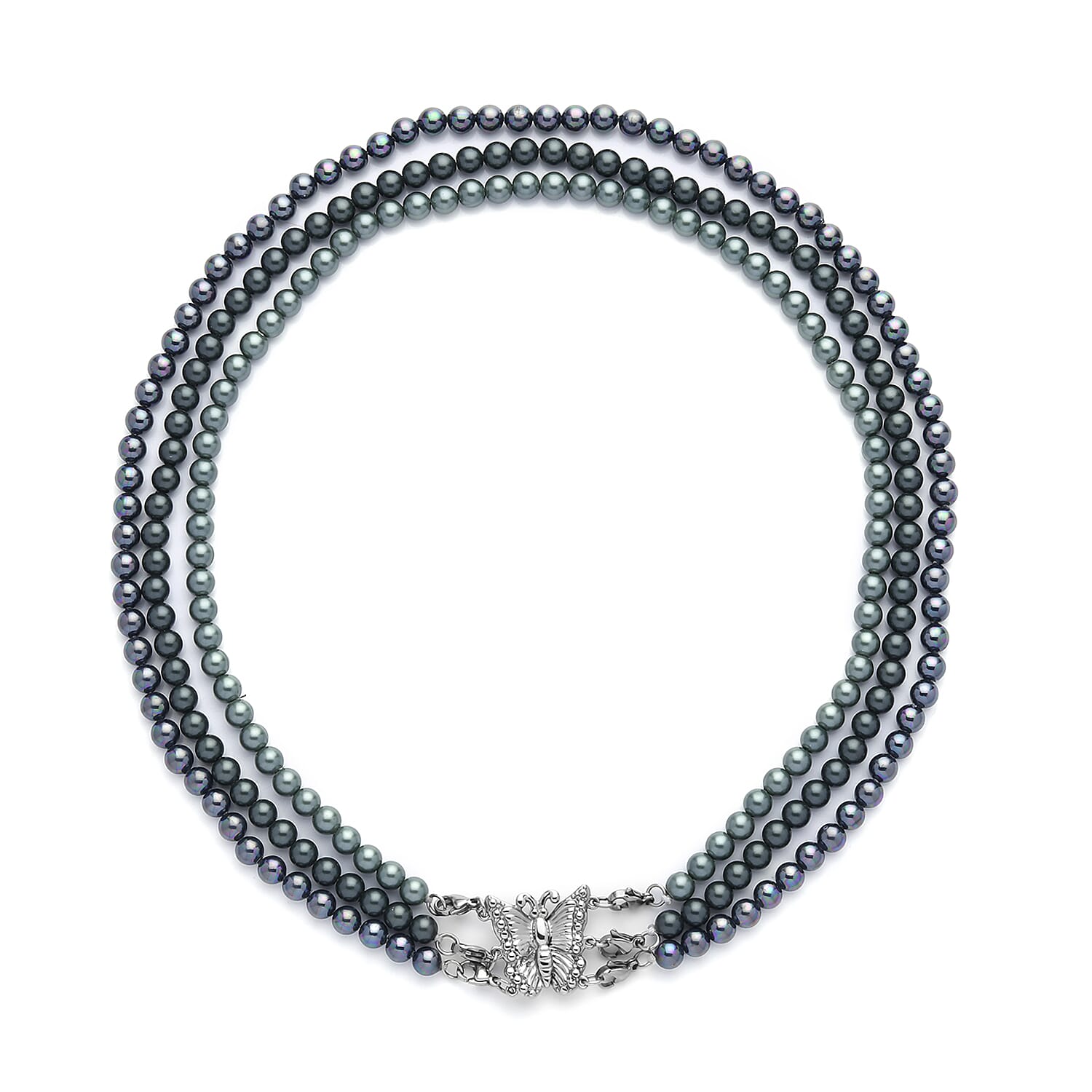 Ever True Set of 4 Green, Deep Green and Dark Green 3 Shell Pearl Necklaces (17, 19, 21 Inches), 1 Butterfly Layering Lock in Stainless Steel