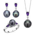 Tahitian Cultured Pearl, Multi Gemstone Ring Size 5, Earrings and Pendant Necklace 18 Inches in Rhodium Over Sterling Silver 7.50 Grams 1.75 ctw - Sticky add to cart bar