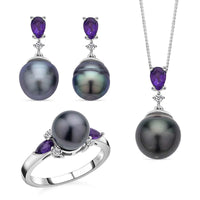 Tahitian Cultured Pearl, Multi Gemstone Ring Size 5, Earrings and Pendant Necklace 18 Inches in Rhodium Over Sterling Silver 7.50 Grams 1.75 ctw