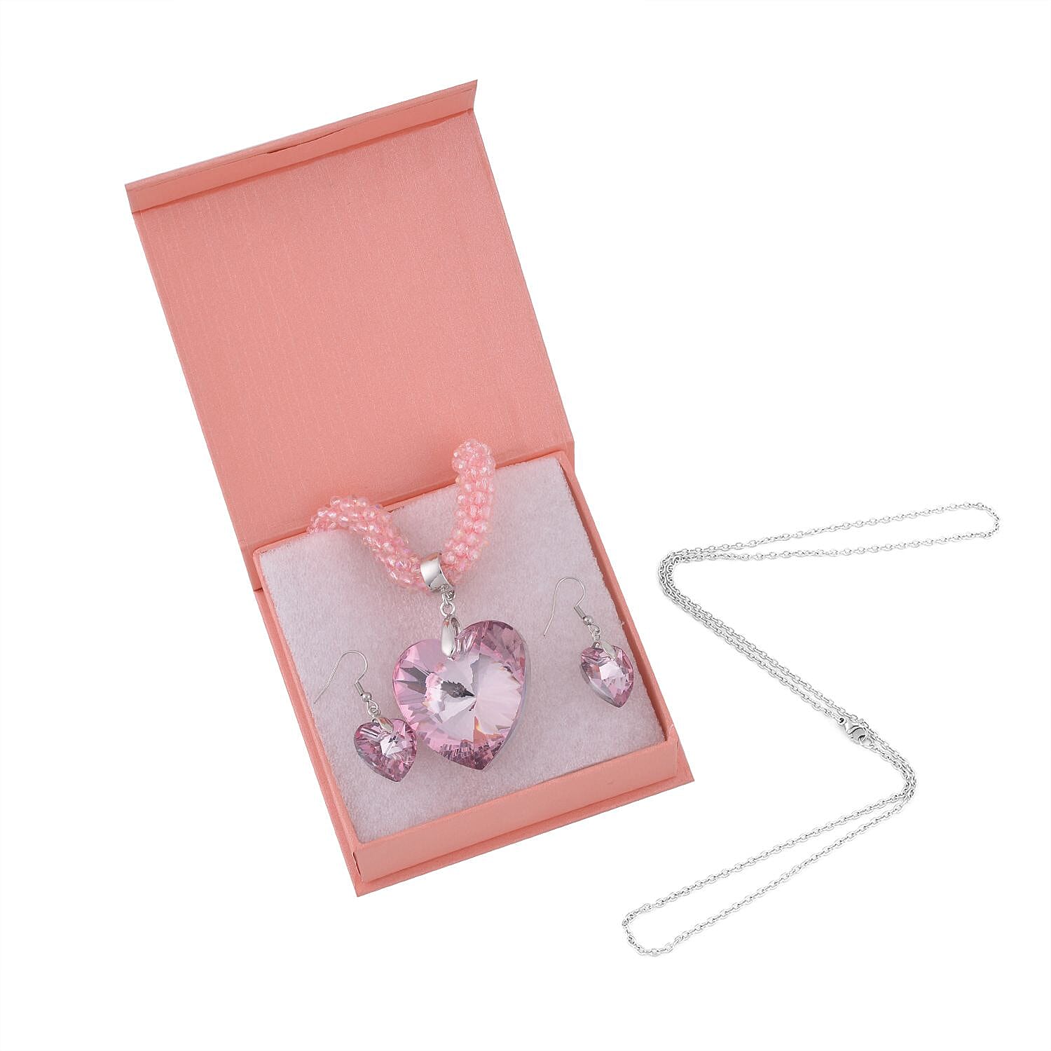 Simulated Emerald Heart Earrings, Pendant with Beaded Necklace (20-22In) and Chain (24In) in Silvertone and Stainless Steel , Tarnish-Free, Waterproof, Sweat Proof Jewelry