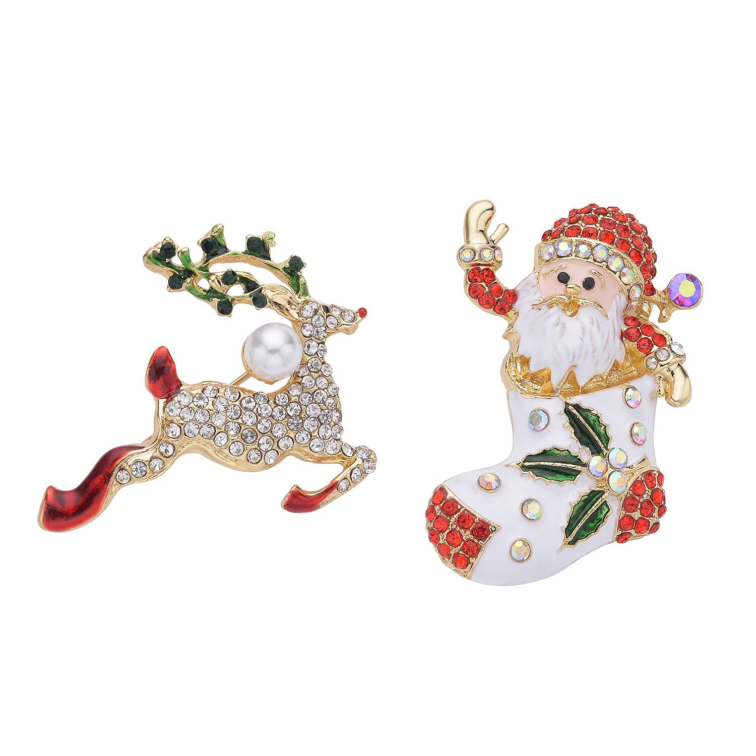 Set of 2 Multi Color Austrian Crystal, Enameled Reindeer & Santa Claus Brooch in Goldtone