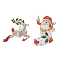 Set of 2 Multi Color Austrian Crystal, Enameled Reindeer & Santa Claus Brooch in Goldtone