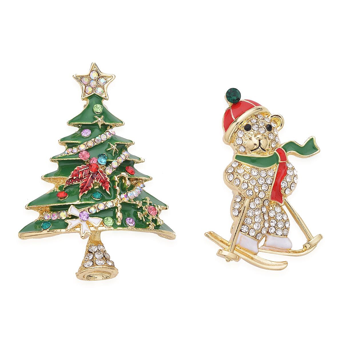 Set of 2 Austrian Crystal, White & Green Glass and Enameled Snowman & Christmas Tree Brooch in Goldtone