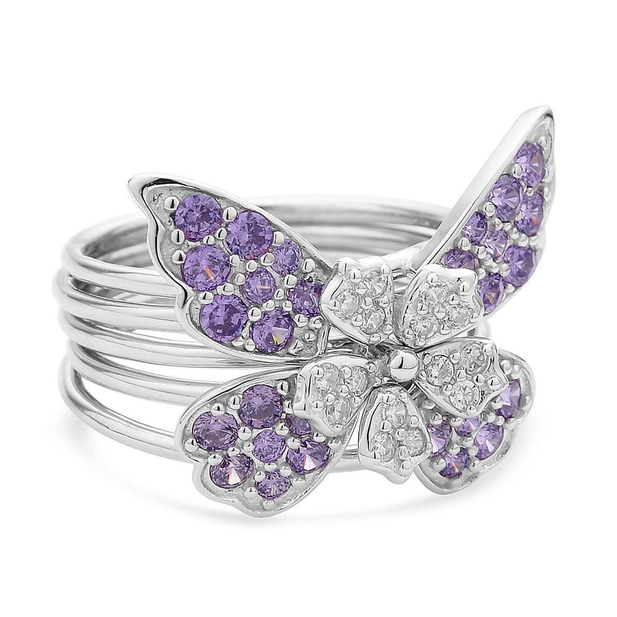 LUSTRO STELLA Finest Purple and White CZ Set of 5 Butterfly Stackable Ring (Size 6.0) in Rhodium Over Sterling Silver 1.60 ctw