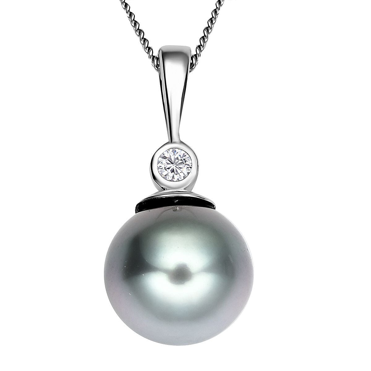 Tahitian Cultured Pearl and Moissanite Pendant Necklace 18 Inches in Rhodium Over Sterling Silver 0.05 ctw