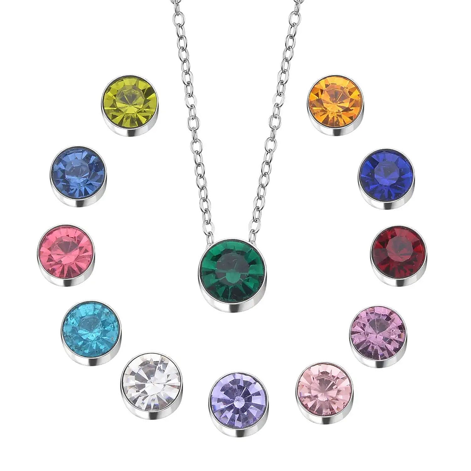 Multi Color Austrian Crystal 12 Interchangeable Pendants with Stainless Steel Necklace 20 Inches