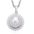 White Freshwater Pearl and Simulated Diamond Sunburst Pendant Necklace 20 Inches in Rhodium Over Sterling Silver and Stainless Steel 0.20 ctw - Sticky add to cart bar