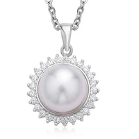 White Freshwater Pearl and Simulated Diamond Sunburst Pendant Necklace 20 Inches in Rhodium Over Sterling Silver and Stainless Steel 0.20 ctw