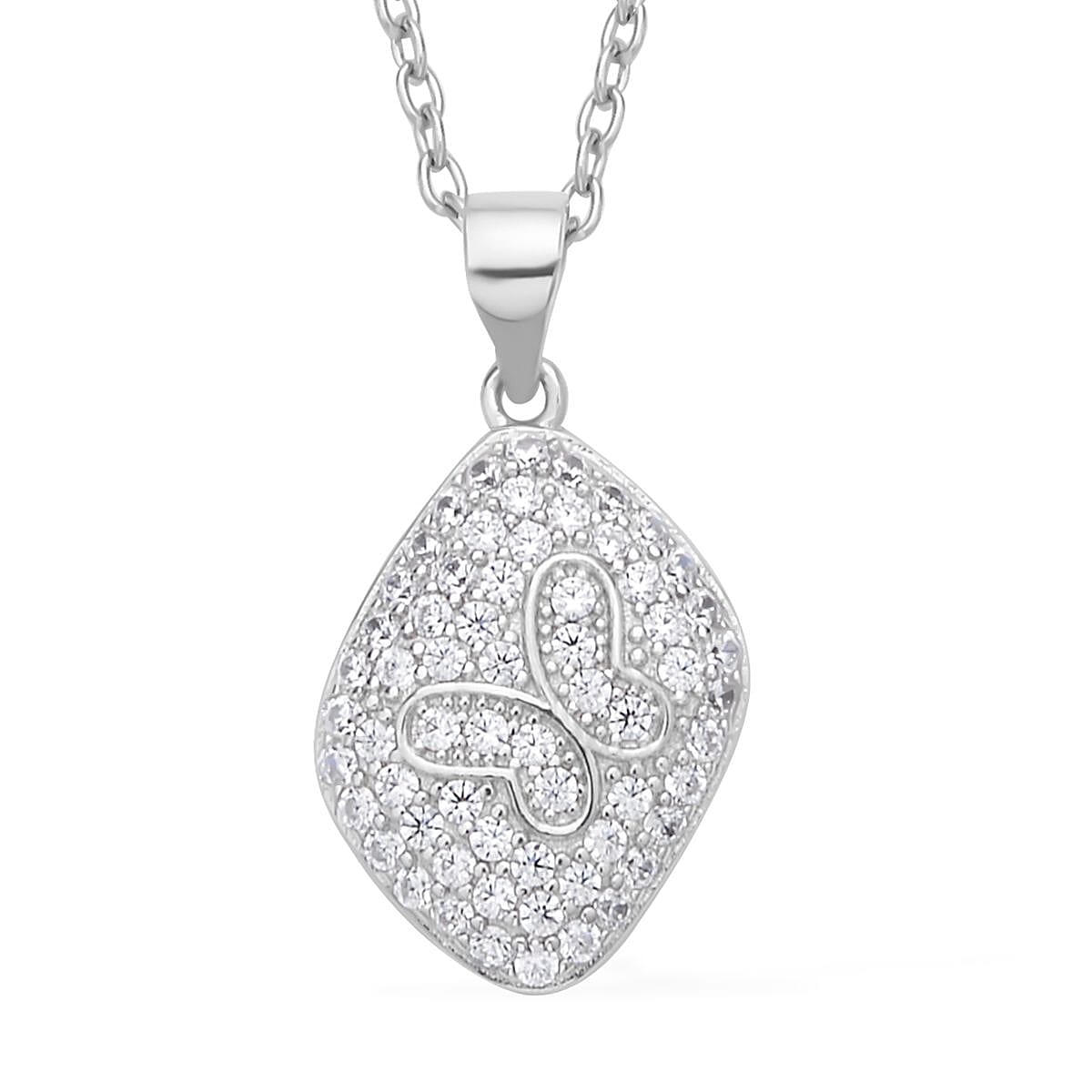 Simulated Diamond Butterfly Pendant Necklace 20 Inches in Rhodium Over Sterling Silver and Stainless Steel
