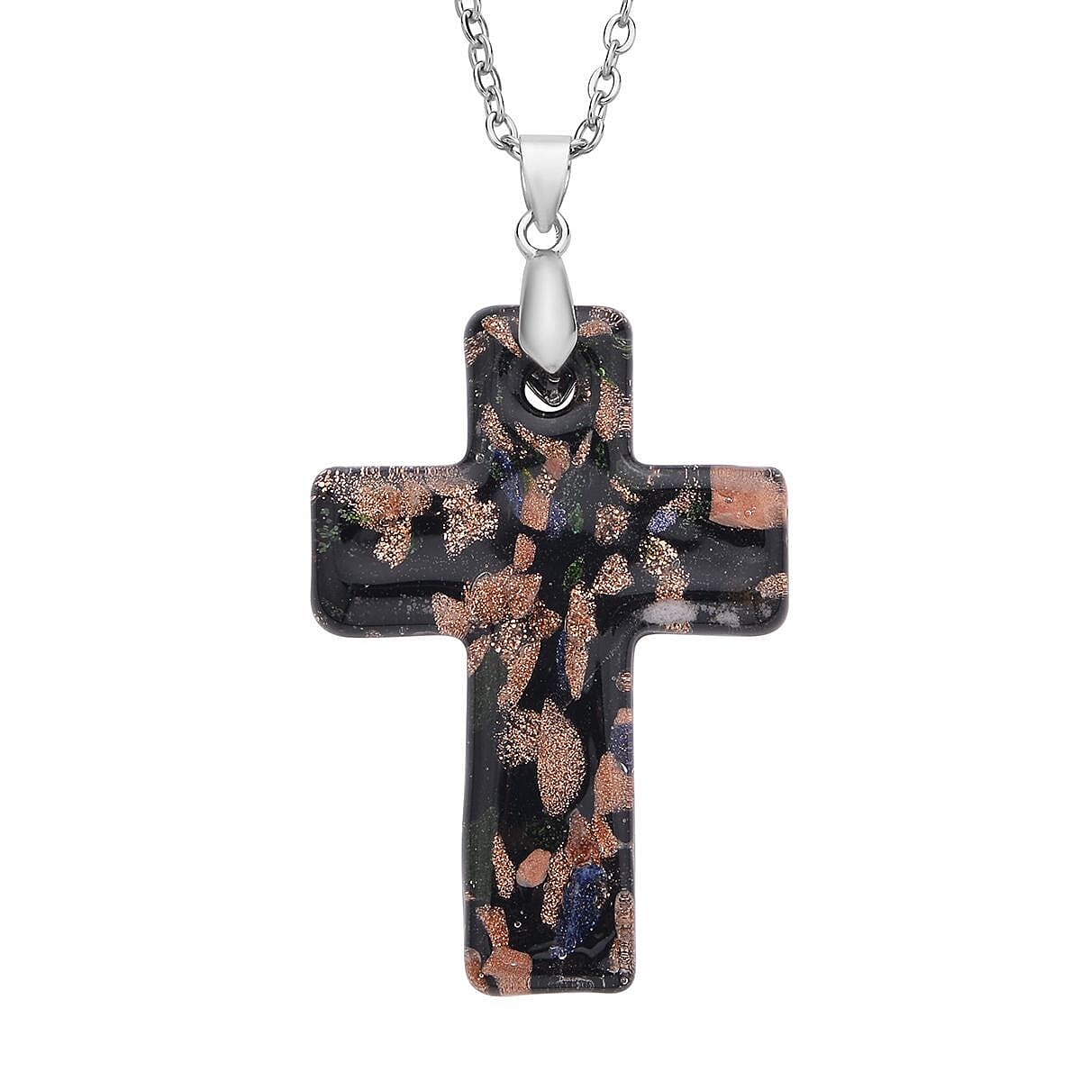 Black Murano Style Cross Pendant Necklace 24 Inches in Stainless Steel